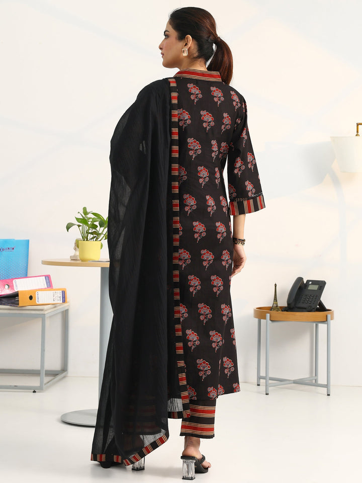 Black Floral Printed Cotton Blend A-Line Suit Set With Dupatta