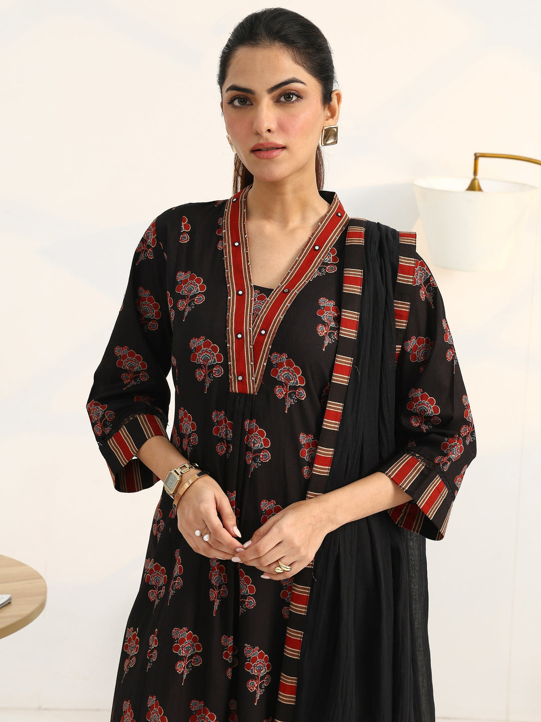 Black Floral Printed Cotton Blend A-Line Suit Set With Dupatta