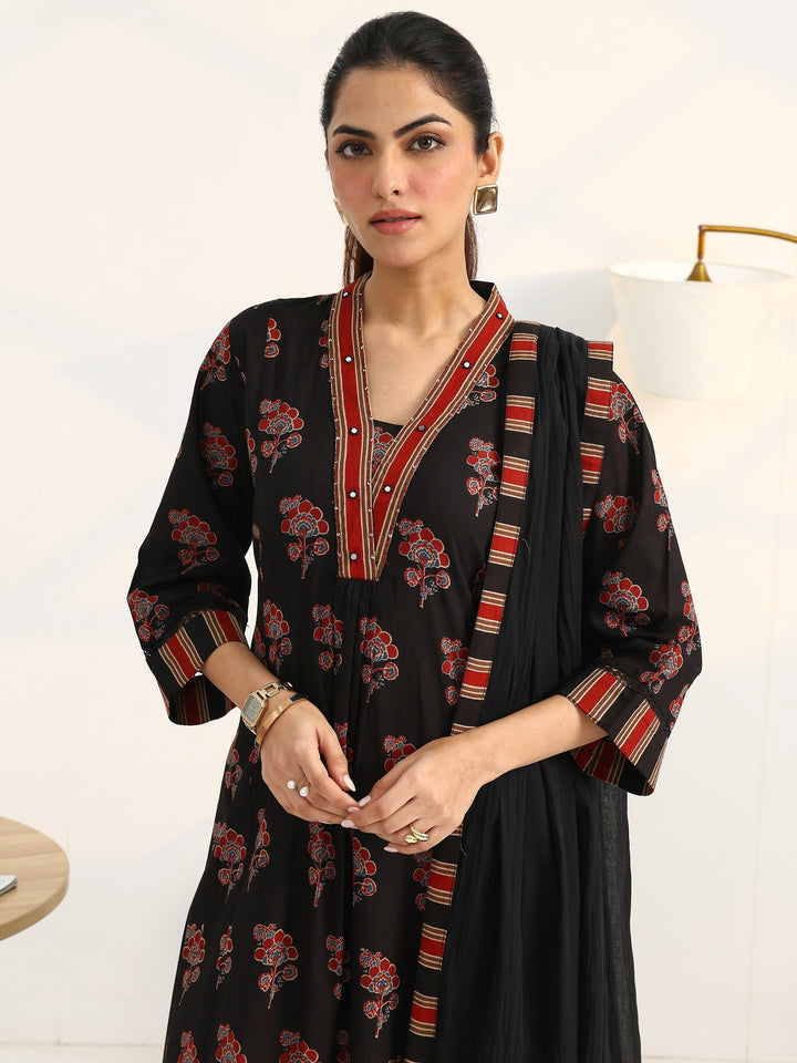 Black Floral Printed Cotton Blend A-Line Suit Set With Dupatta