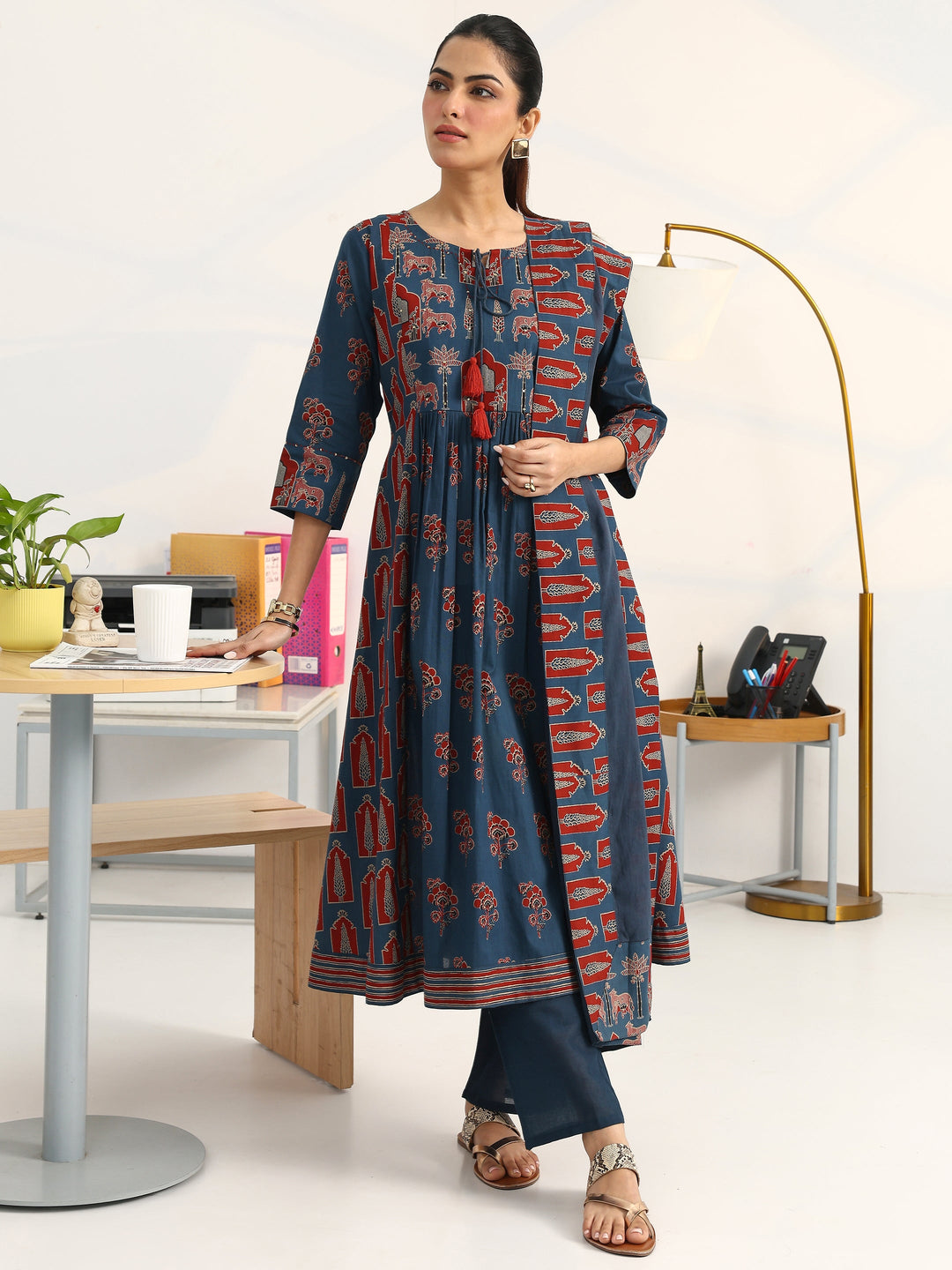 Blue Floral Printed Cotton Blend A-Line Suit Set With Dupatta