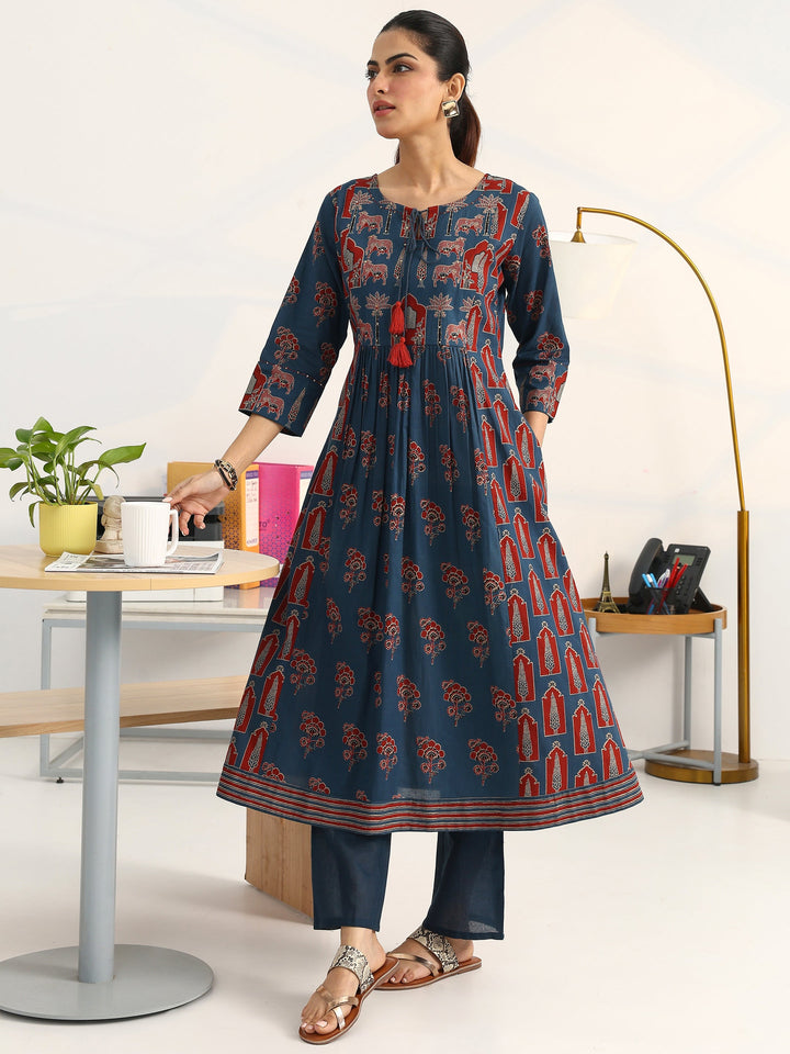Blue Floral Printed Cotton Blend A-Line Suit Set With Dupatta