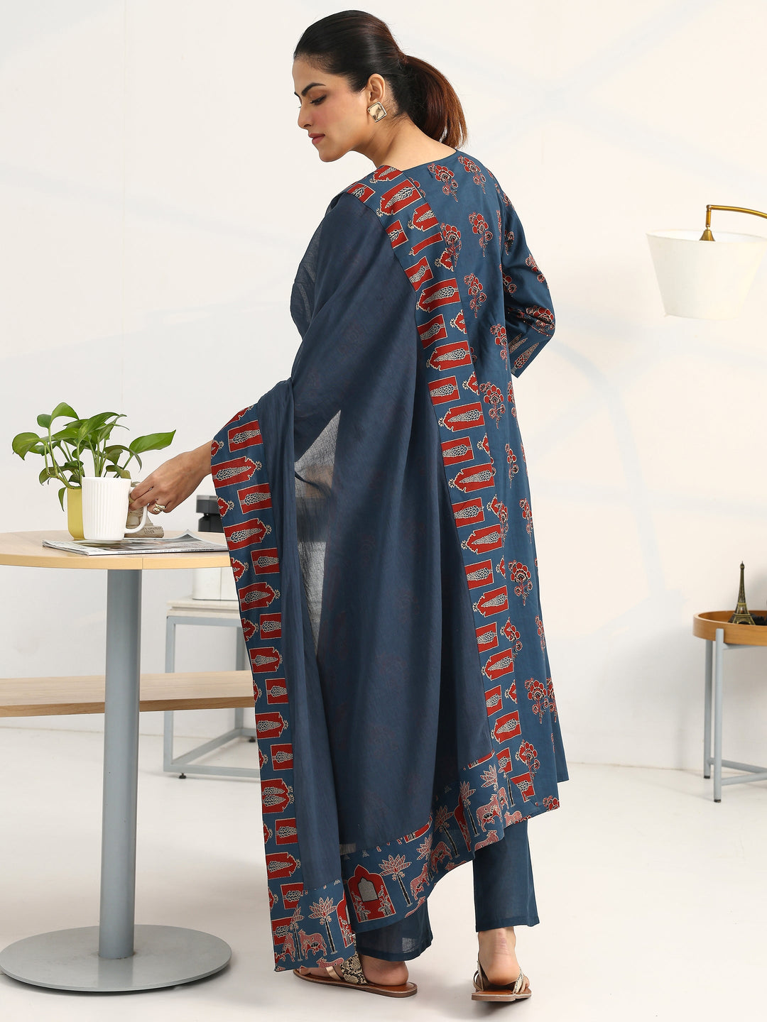 Blue Floral Printed Cotton Blend A-Line Suit Set With Dupatta