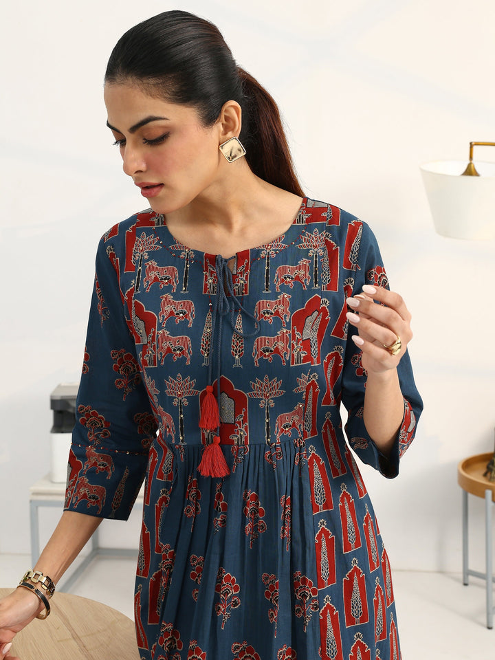 Blue Floral Printed Cotton Blend A-Line Suit Set With Dupatta