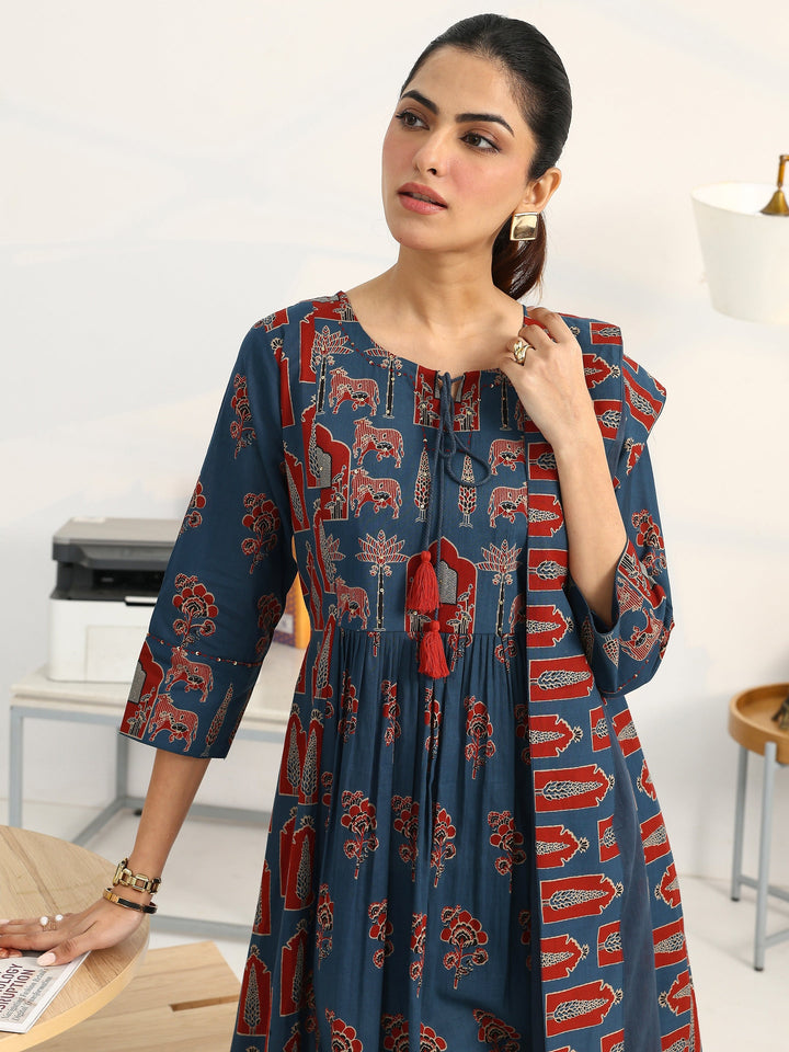 Blue Floral Printed Cotton Blend A-Line Suit Set With Dupatta