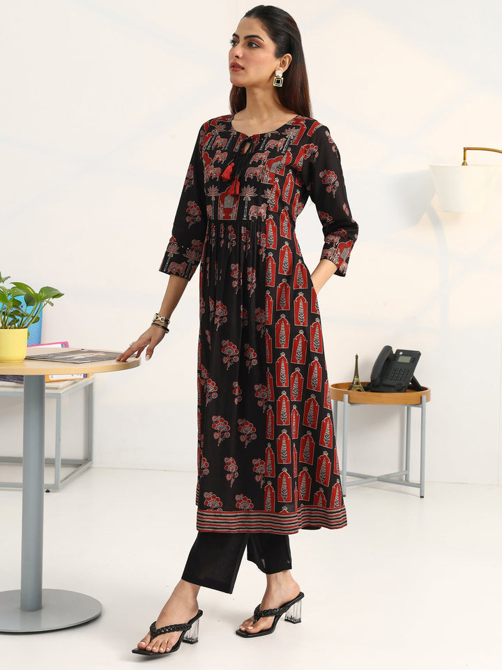 Black Floral Printed Cotton Blend A-Line Suit Set With Dupatta