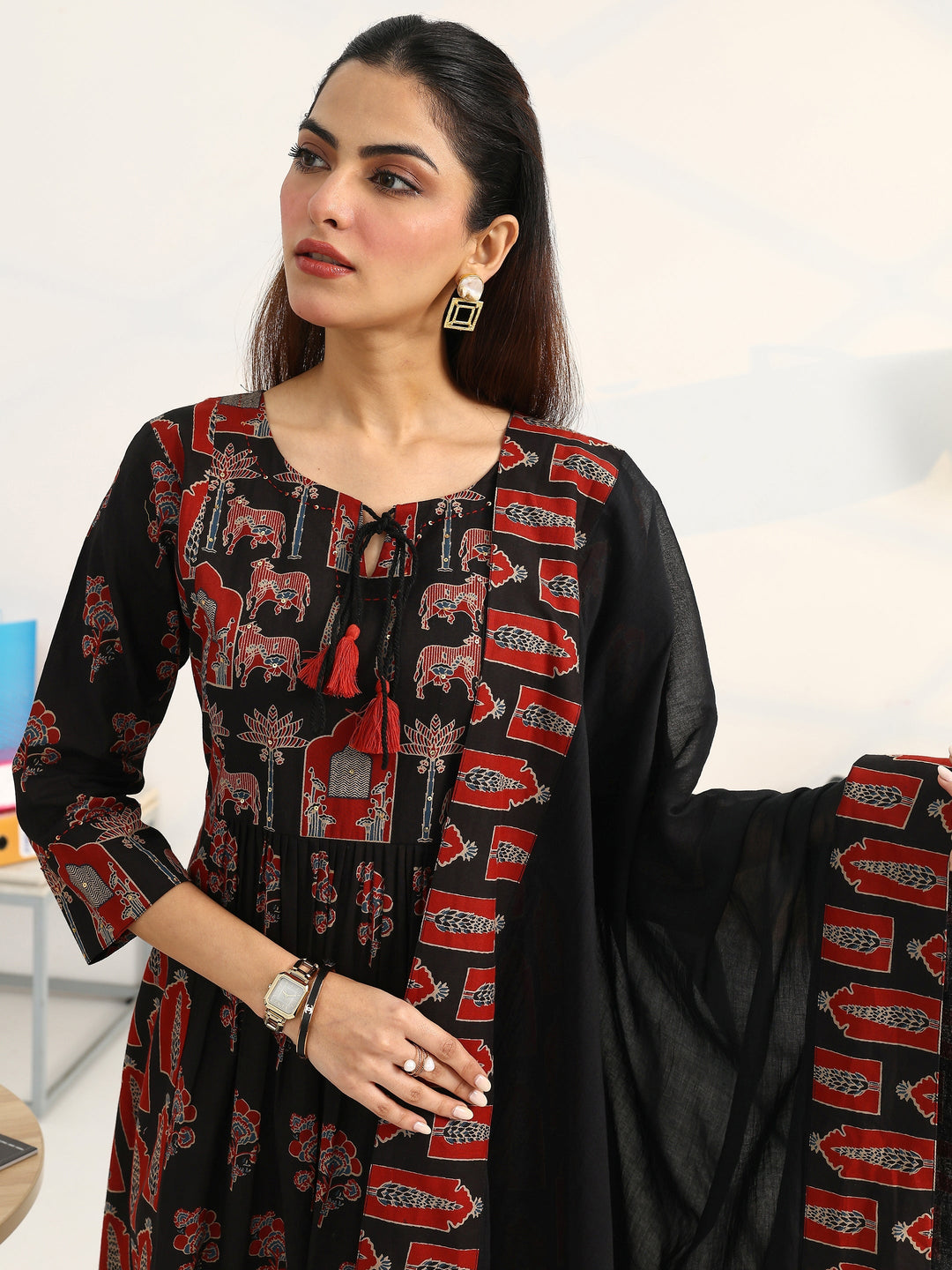 Black Floral Printed Cotton Blend A-Line Suit Set With Dupatta