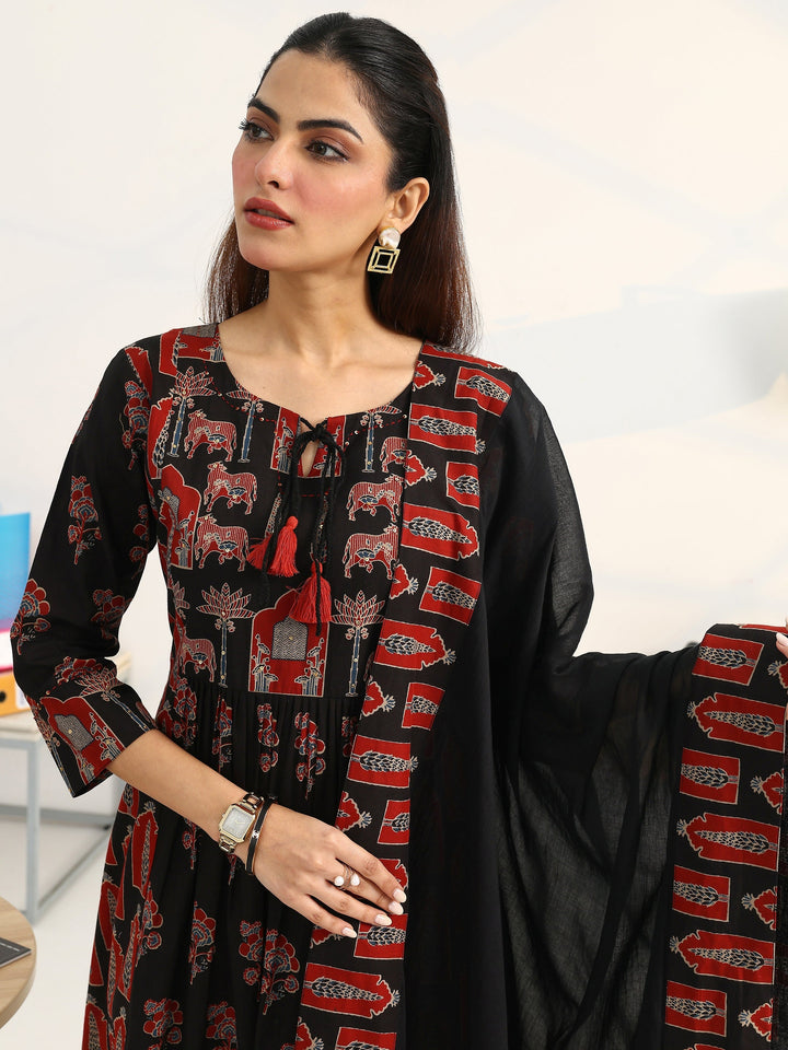 Black Floral Printed Cotton Blend A-Line Suit Set With Dupatta
