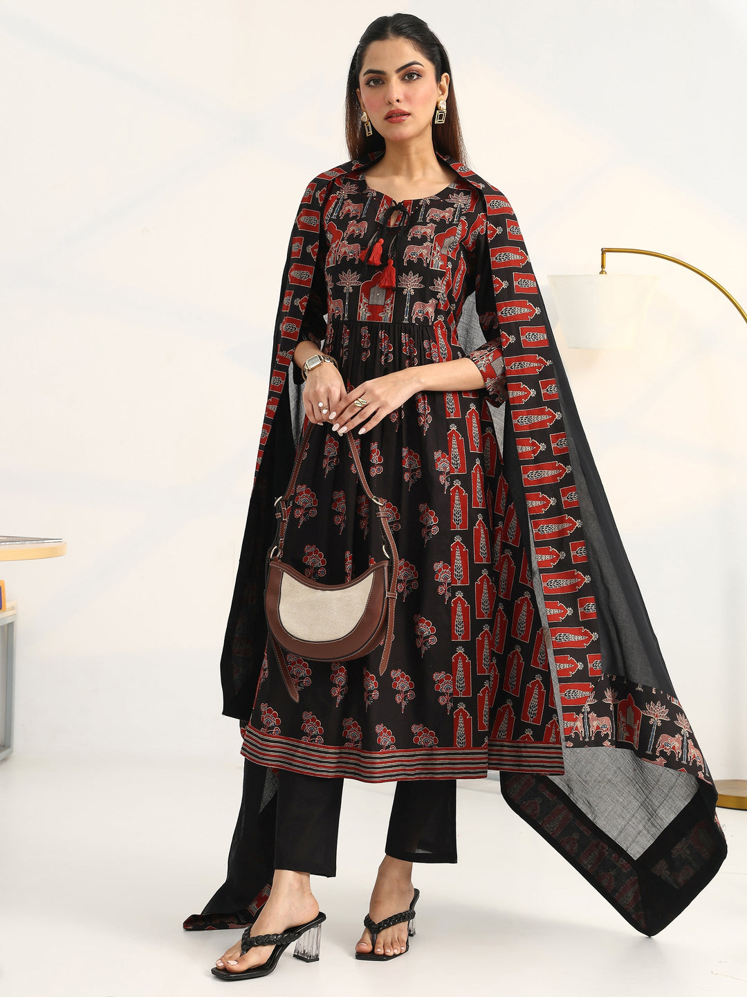 Black Floral Printed Cotton Blend A-Line Suit Set With Dupatta