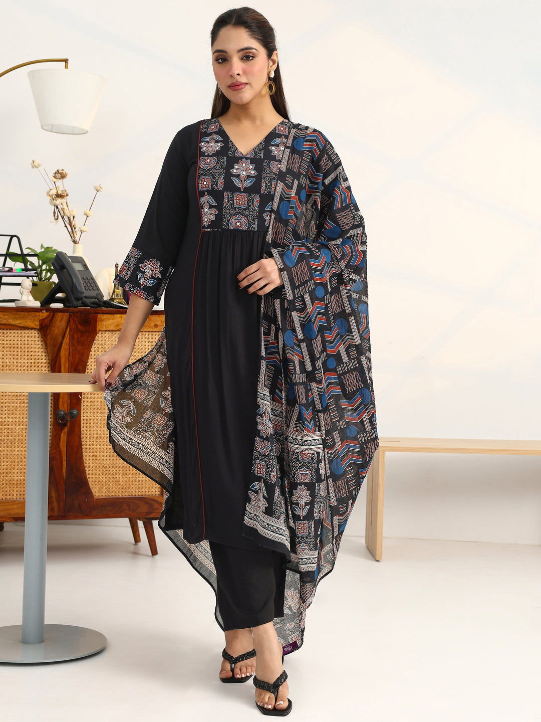 Black Ethnic Motifs Yoke Design Cotton Blend A-Line Suit Set With Dupatta