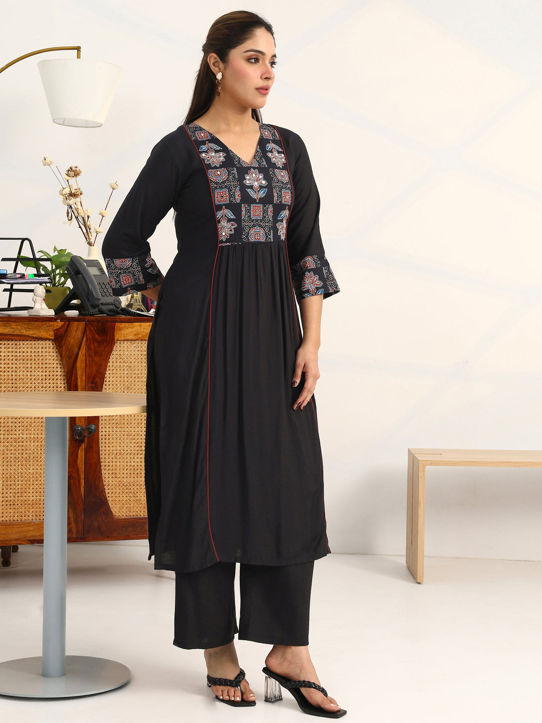 Black Ethnic Motifs Yoke Design Cotton Blend A-Line Suit Set With Dupatta