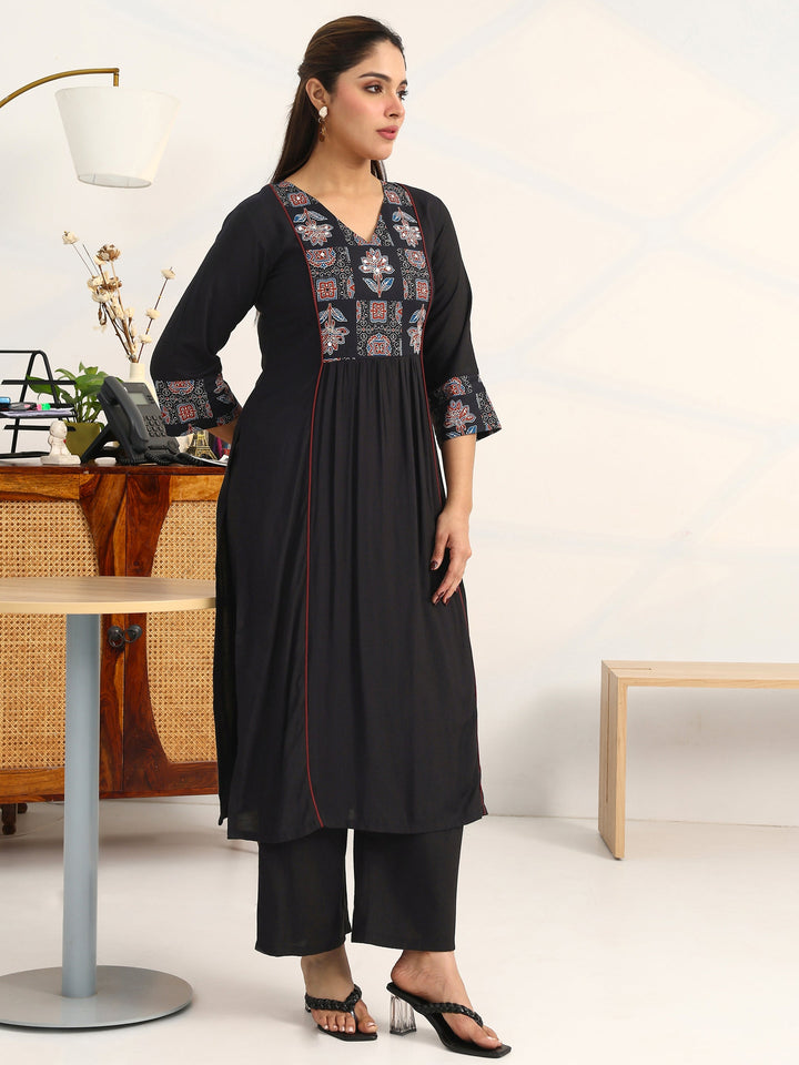 Black Ethnic Motifs Yoke Design Cotton Blend A-Line Suit Set With Dupatta