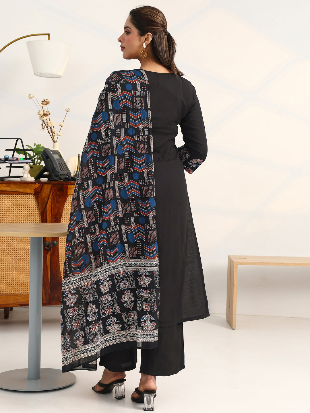 Black Ethnic Motifs Yoke Design Cotton Blend A-Line Suit Set With Dupatta