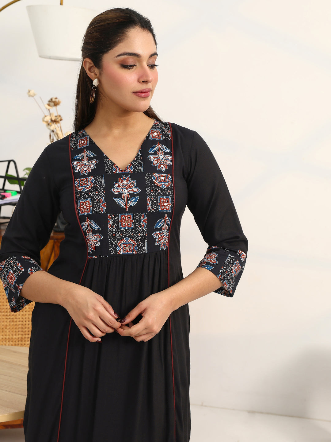 Black Ethnic Motifs Yoke Design Cotton Blend A-Line Suit Set With Dupatta