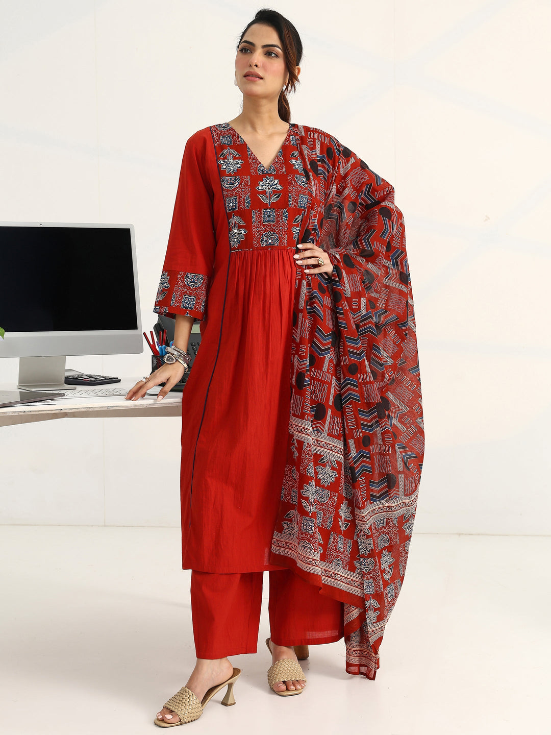 Rust Ethnic Motifs Yoke Design Cotton Blend A-Line Suit Set With Dupatta