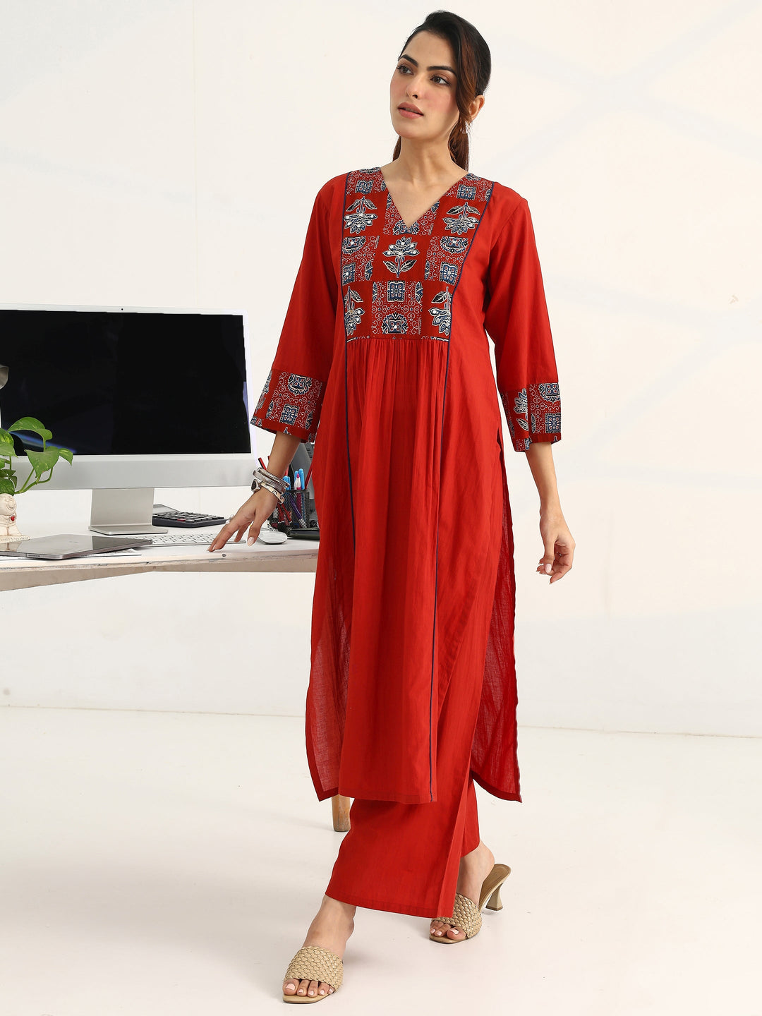 Rust Ethnic Motifs Yoke Design Cotton Blend A-Line Suit Set With Dupatta