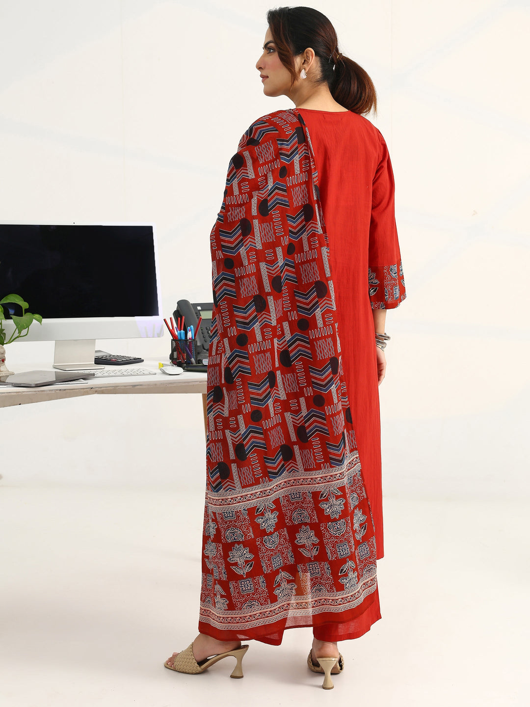 Rust Ethnic Motifs Yoke Design Cotton Blend A-Line Suit Set With Dupatta