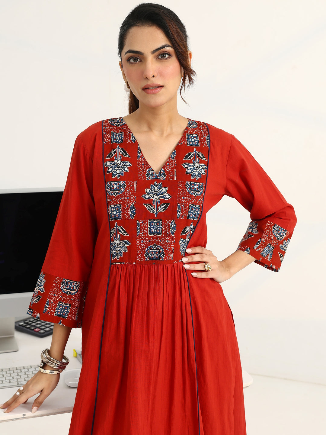 Rust Ethnic Motifs Yoke Design Cotton Blend A-Line Suit Set With Dupatta
