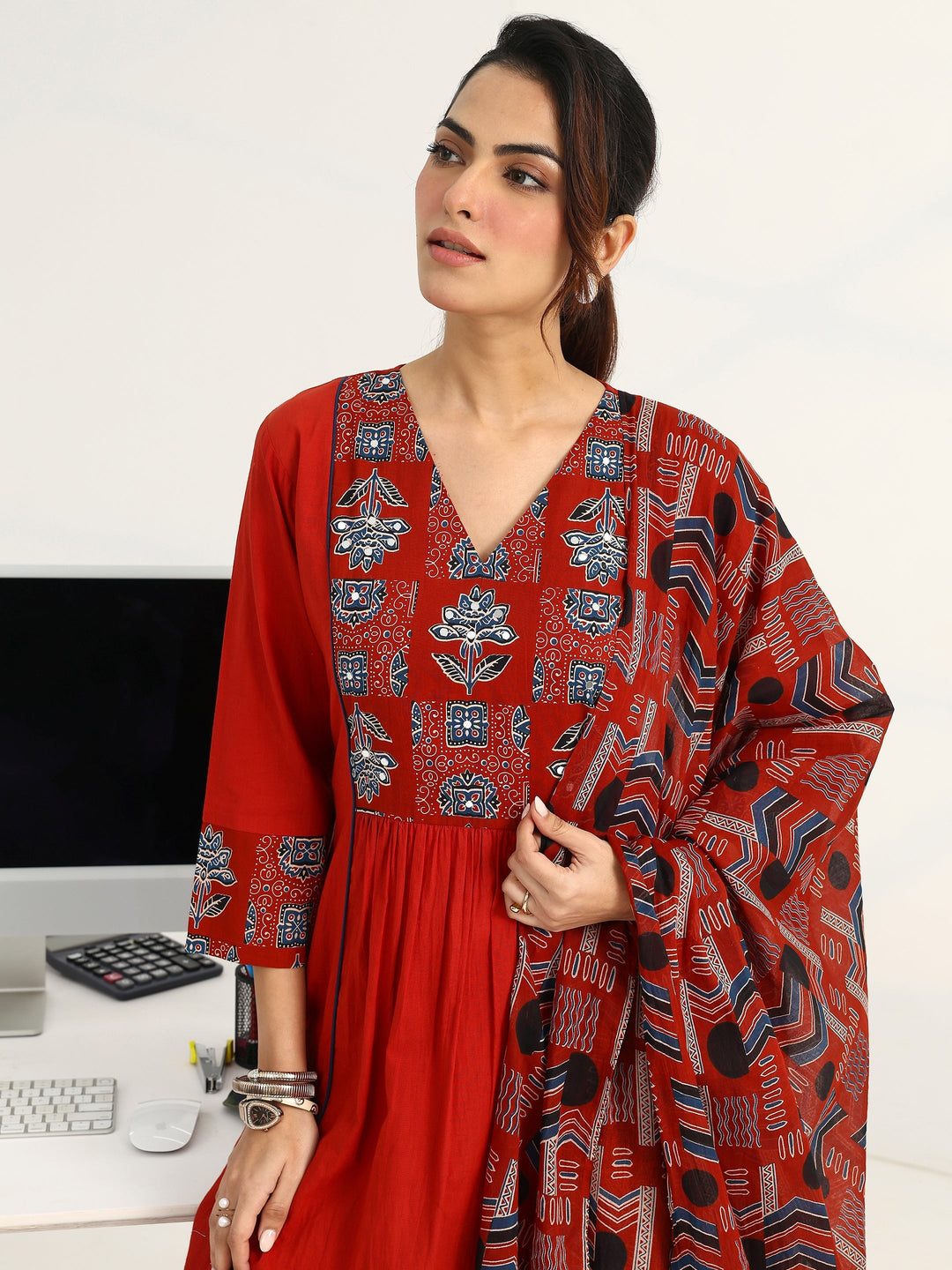 Rust Ethnic Motifs Yoke Design Cotton Blend A-Line Suit Set With Dupatta
