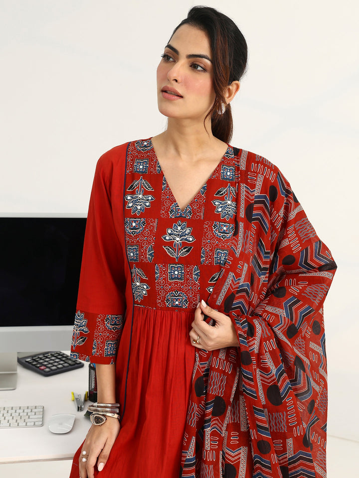Rust Ethnic Motifs Yoke Design Cotton Blend A-Line Suit Set With Dupatta
