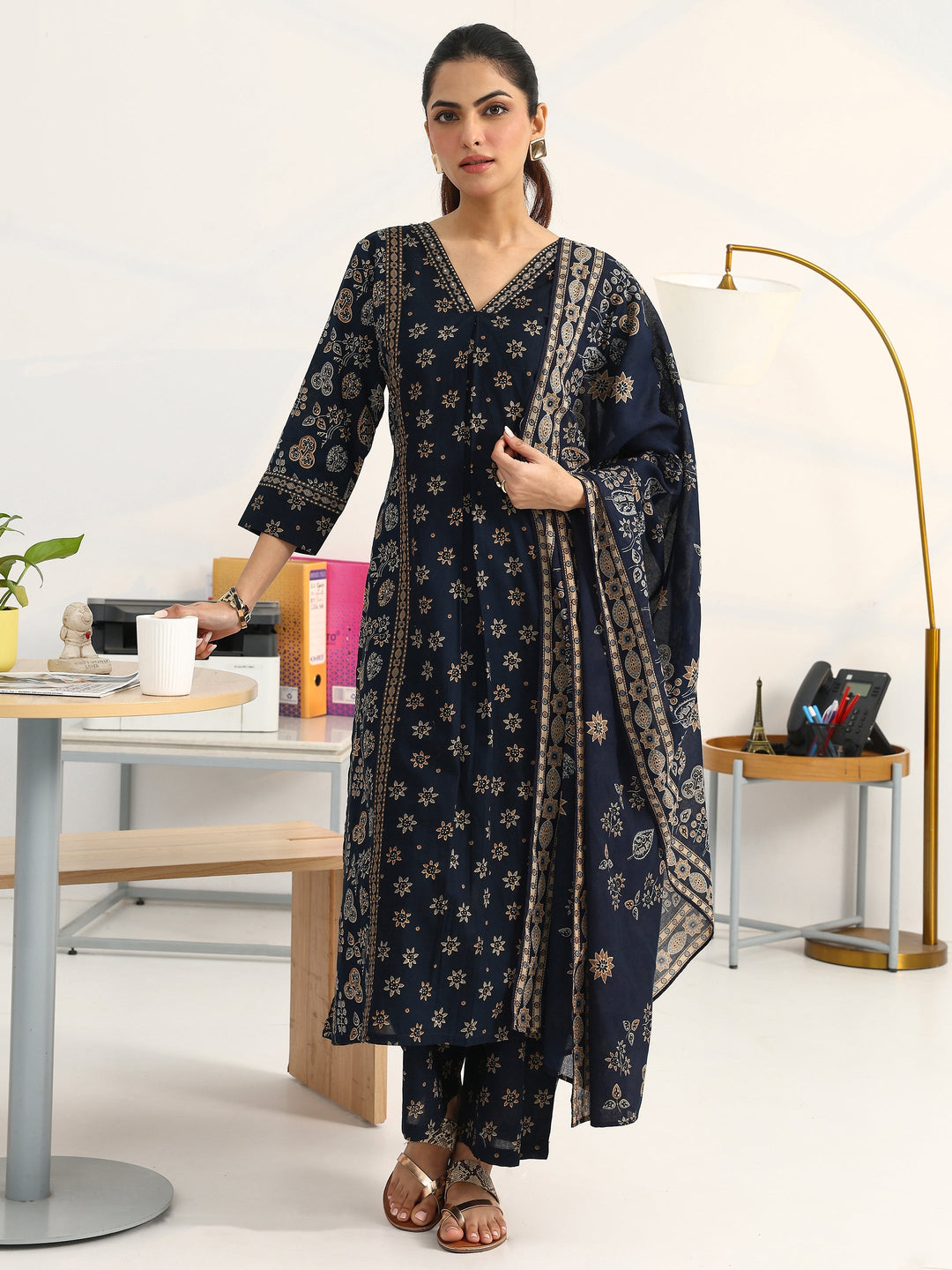 Blue Floral Printed Cotton Blend Straight Suit Set With Dupatta