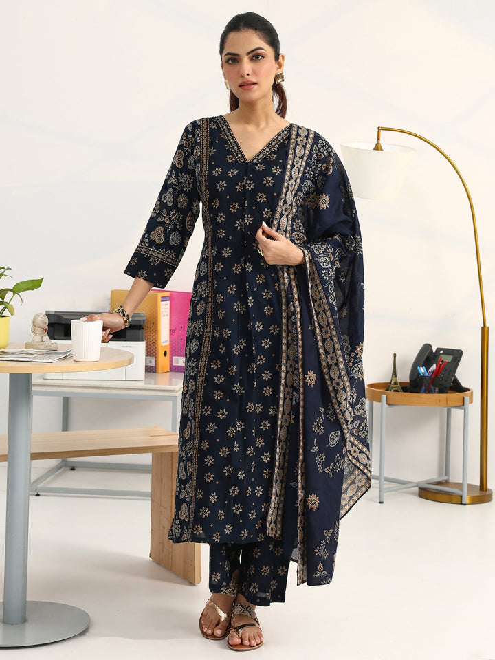 Blue Floral Printed Cotton Blend Straight Suit Set With Dupatta