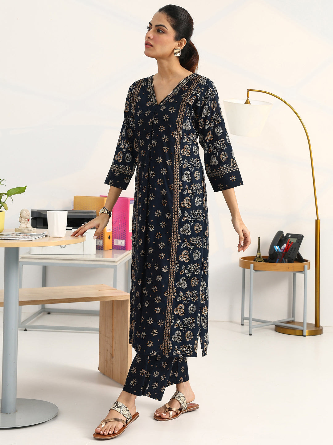 Blue Floral Printed Cotton Blend Straight Suit Set With Dupatta