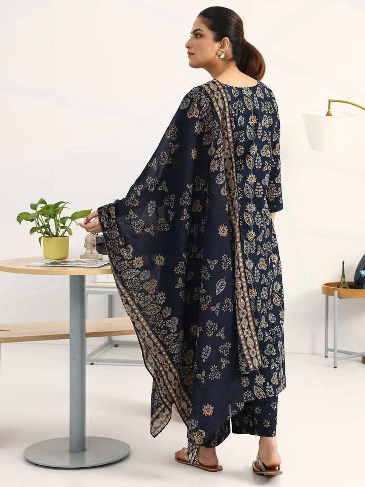 Blue Floral Printed Cotton Blend Straight Suit Set With Dupatta