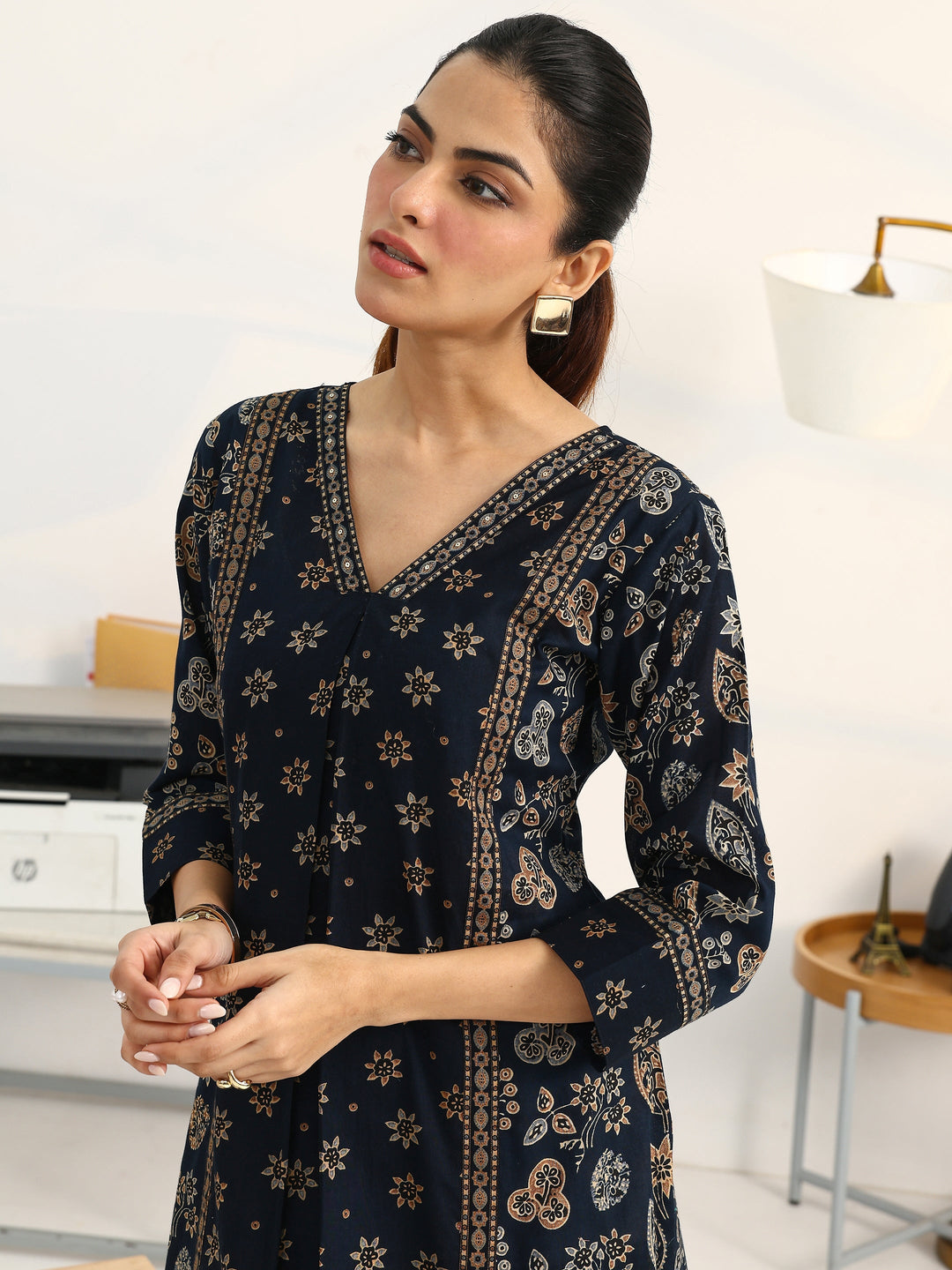 Blue Floral Printed Cotton Blend Straight Suit Set With Dupatta