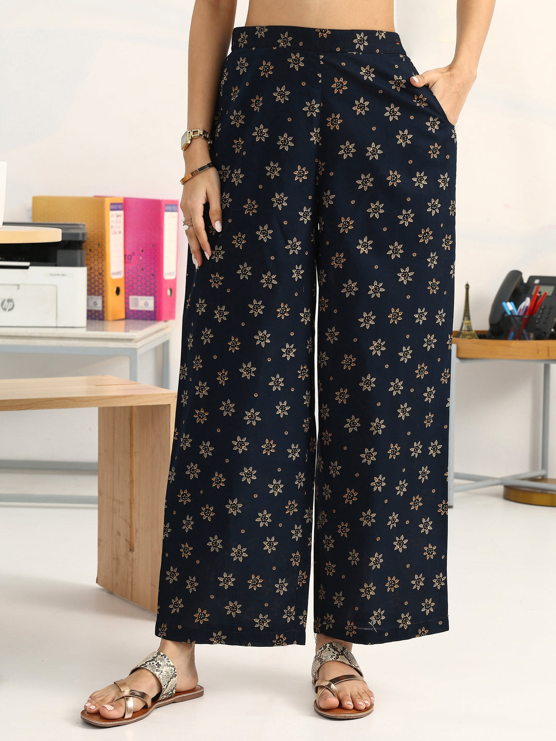 Blue Floral Printed Cotton Blend Straight Suit Set With Dupatta