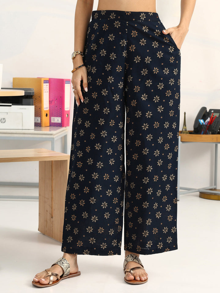 Blue Floral Printed Cotton Blend Straight Suit Set With Dupatta