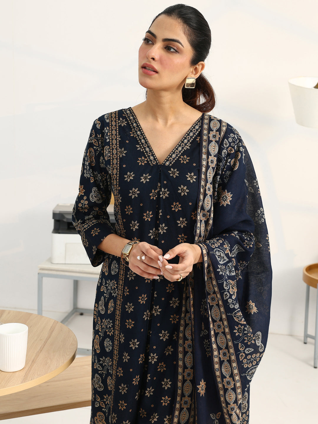 Blue Floral Printed Cotton Blend Straight Suit Set With Dupatta