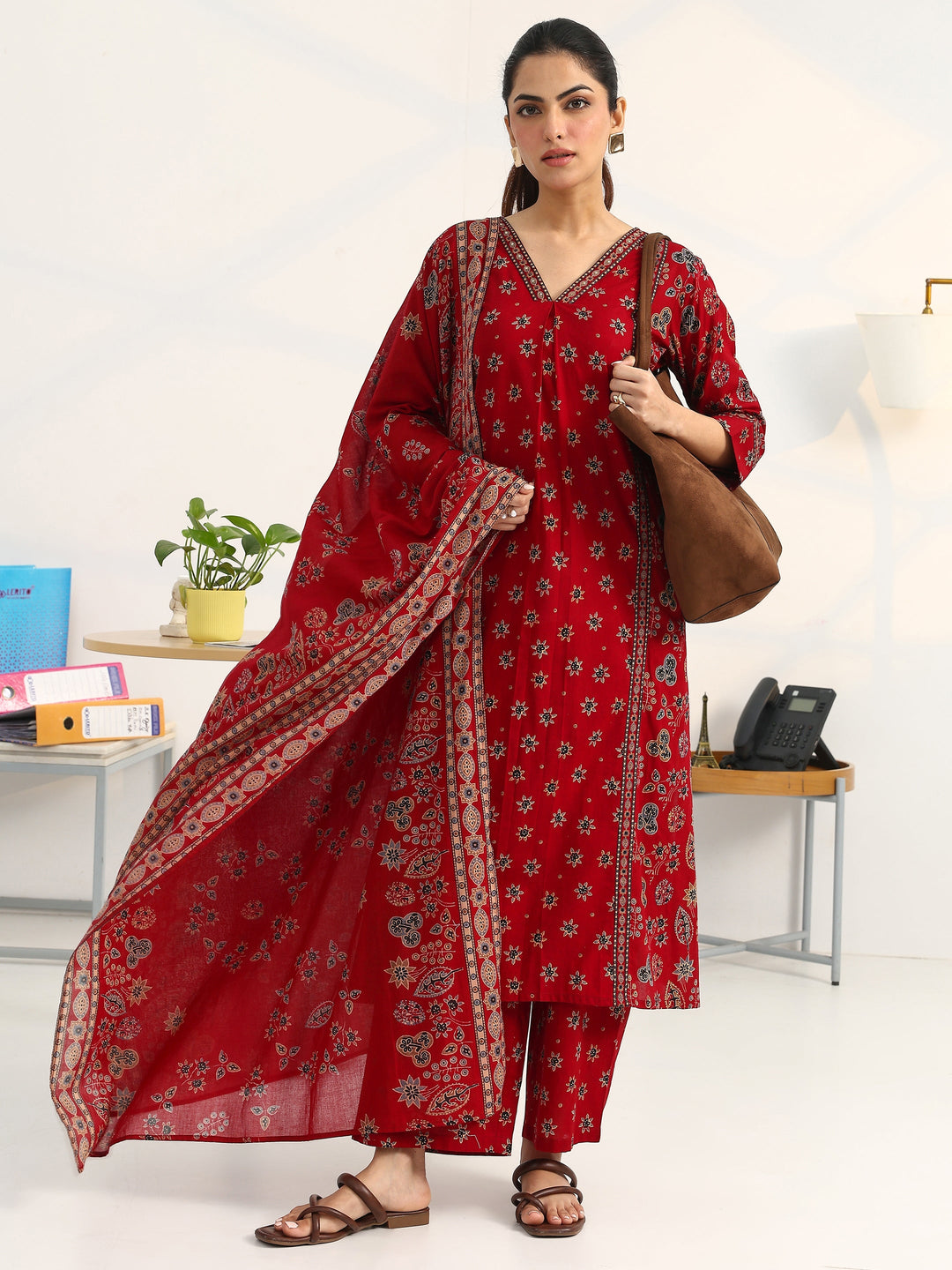 Red Floral Printed Cotton Blend Straight Suit Set With Dupatta
