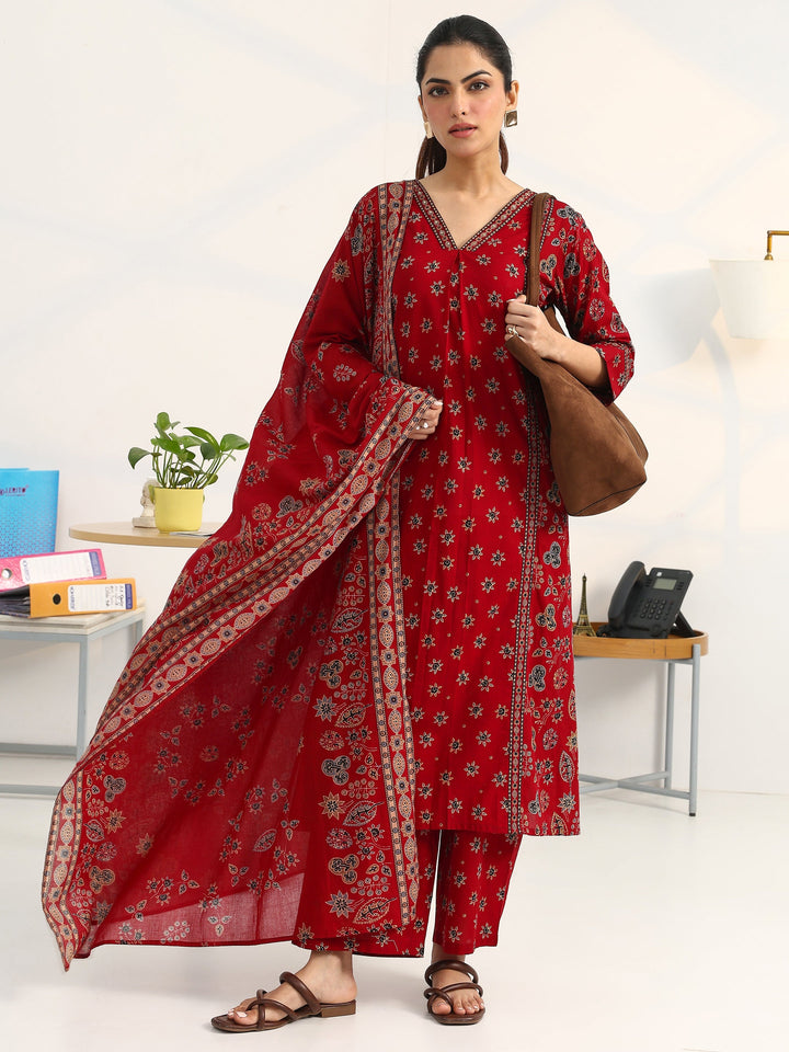 Red Floral Printed Cotton Blend Straight Suit Set With Dupatta