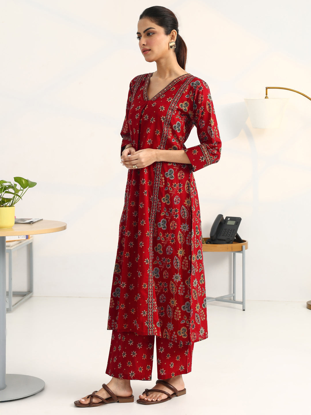Red Floral Printed Cotton Blend Straight Suit Set With Dupatta