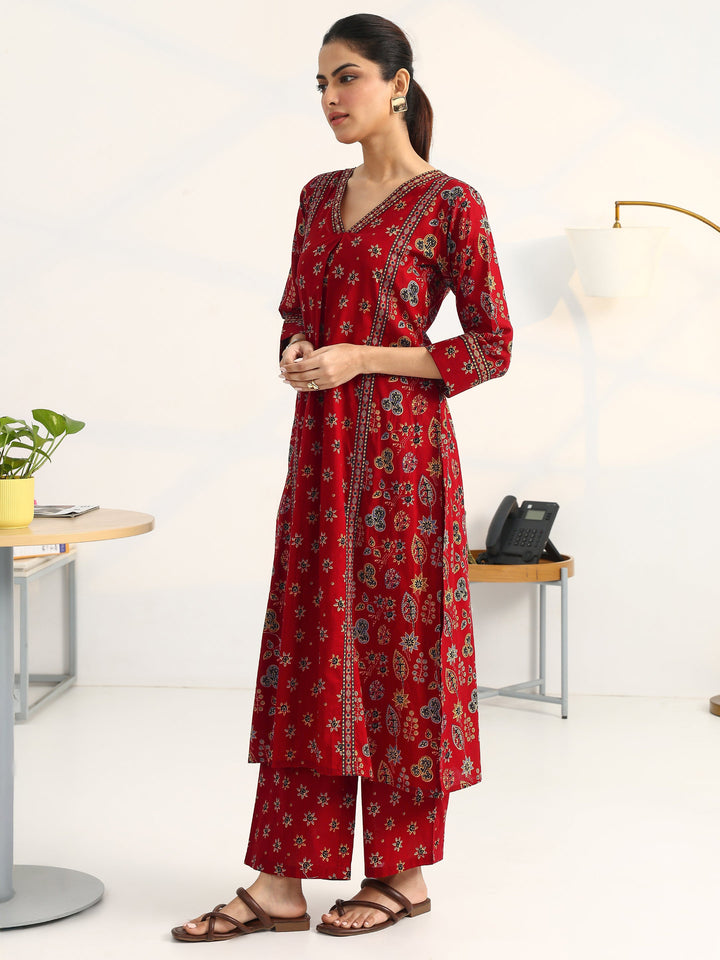 Red Floral Printed Cotton Blend Straight Suit Set With Dupatta