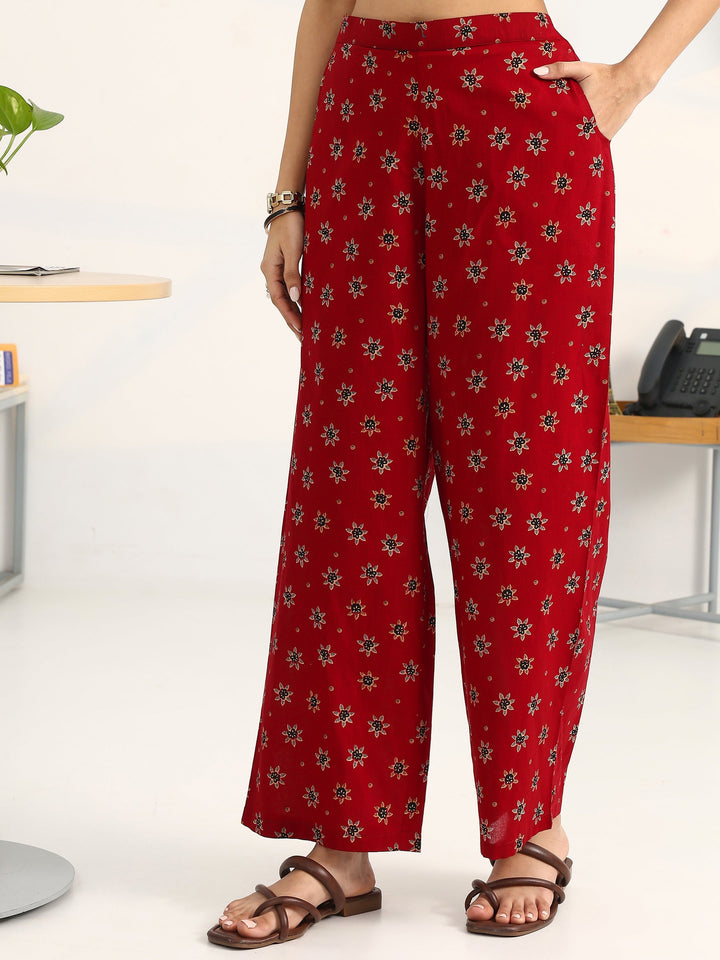 Red Floral Printed Cotton Blend Straight Suit Set With Dupatta