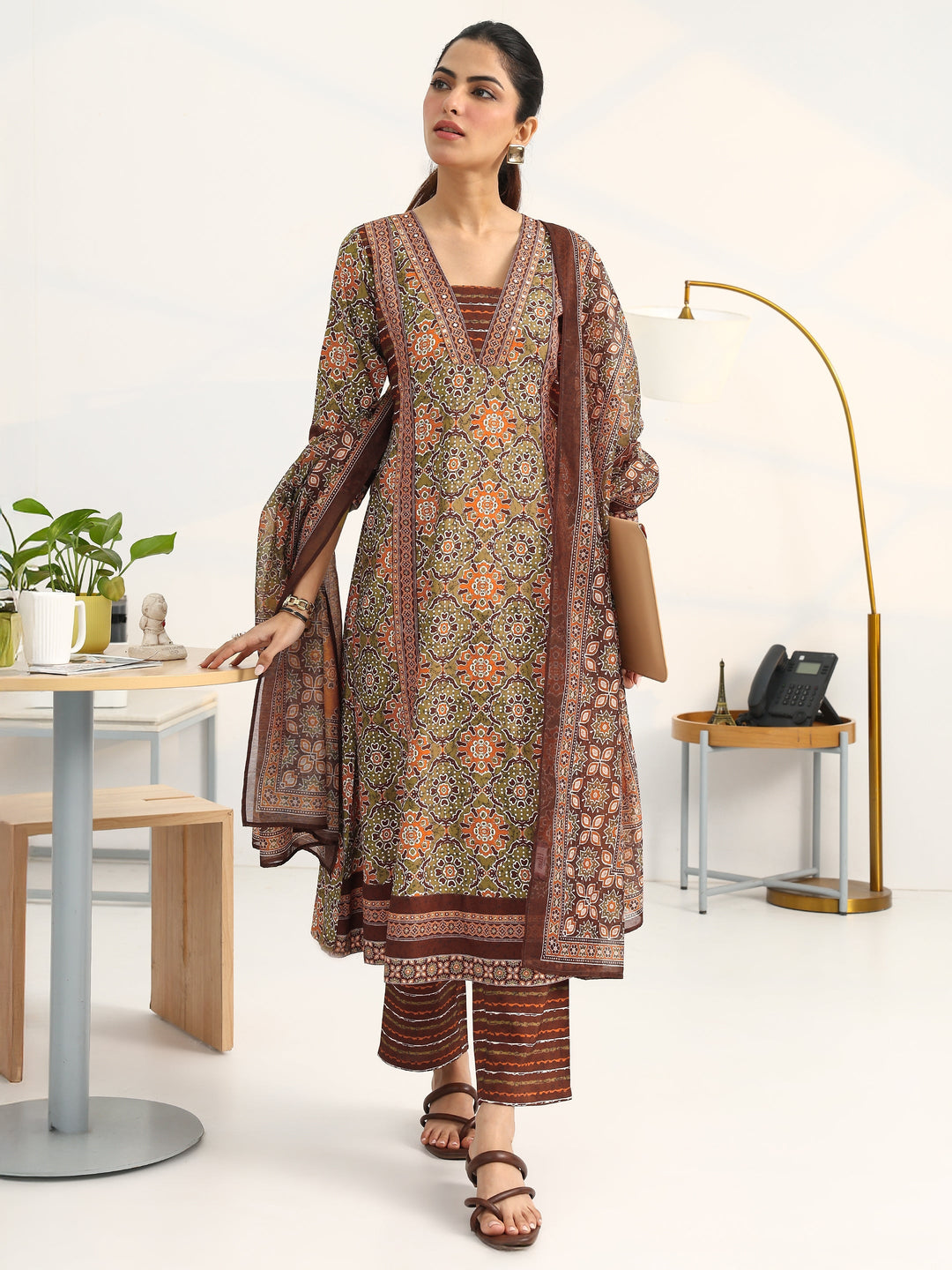 Green Ethnic Motifs Printed Cotton Blend A-Line Suit Set With Dupatta