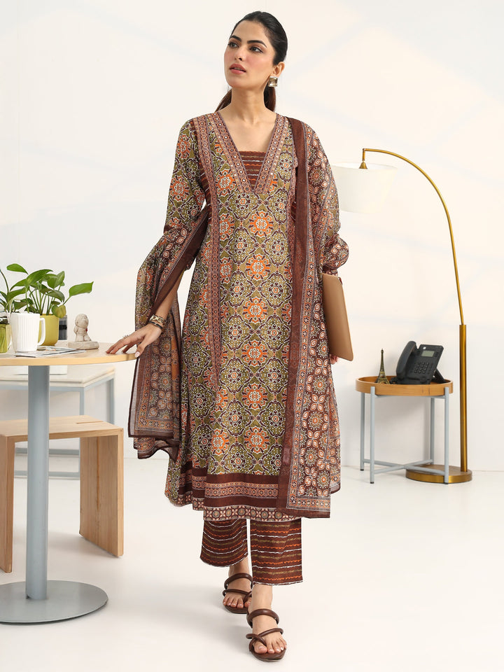 Green Ethnic Motifs Printed Cotton Blend A-Line Suit Set With Dupatta