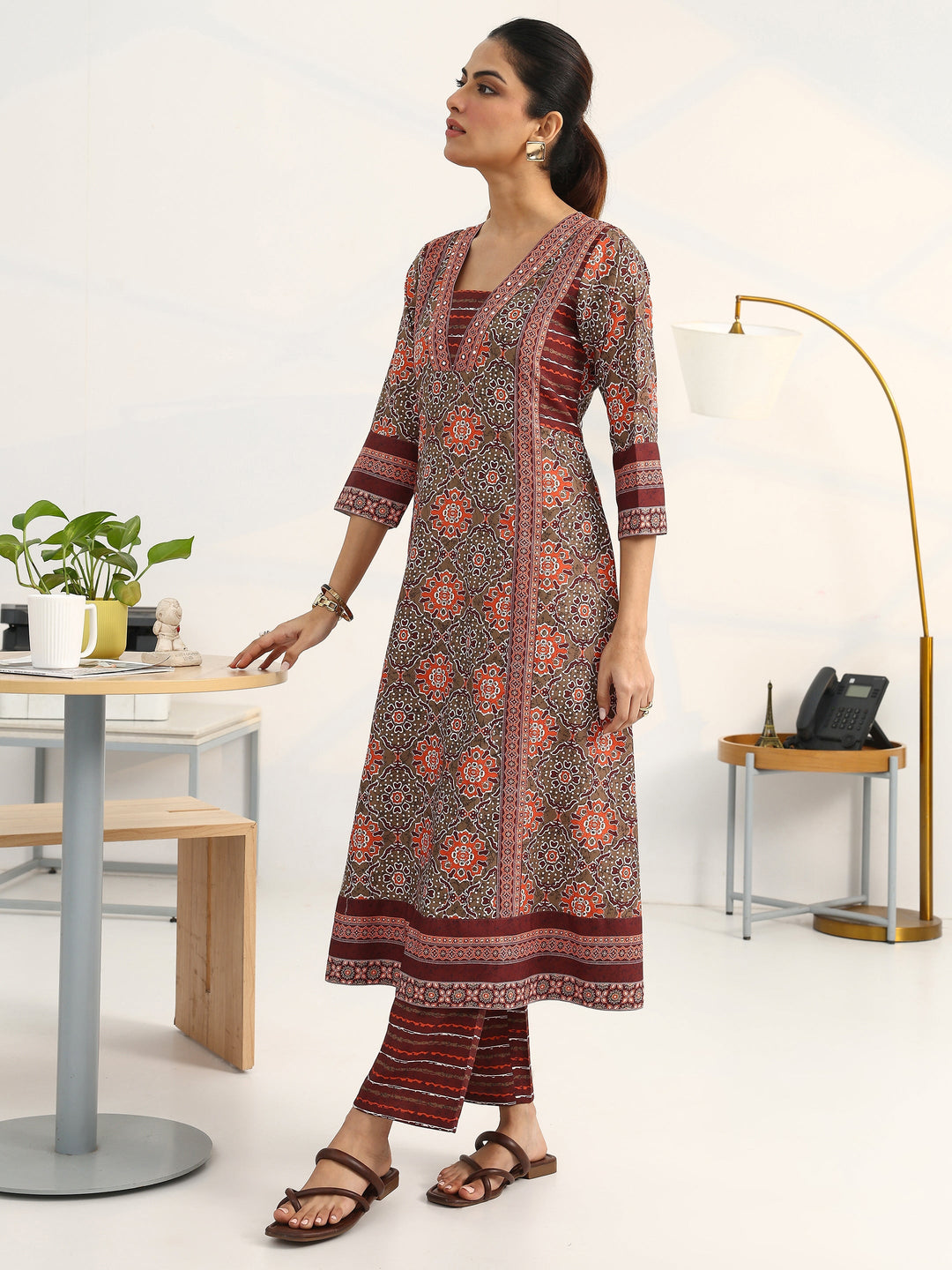 Green Ethnic Motifs Printed Cotton Blend A-Line Suit Set With Dupatta