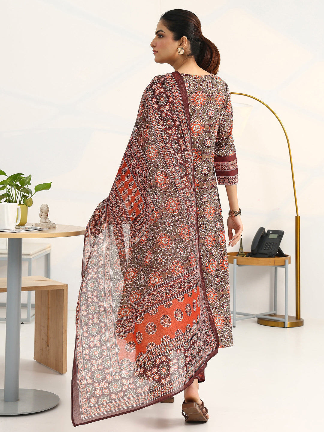 Green Ethnic Motifs Printed Cotton Blend A-Line Suit Set With Dupatta