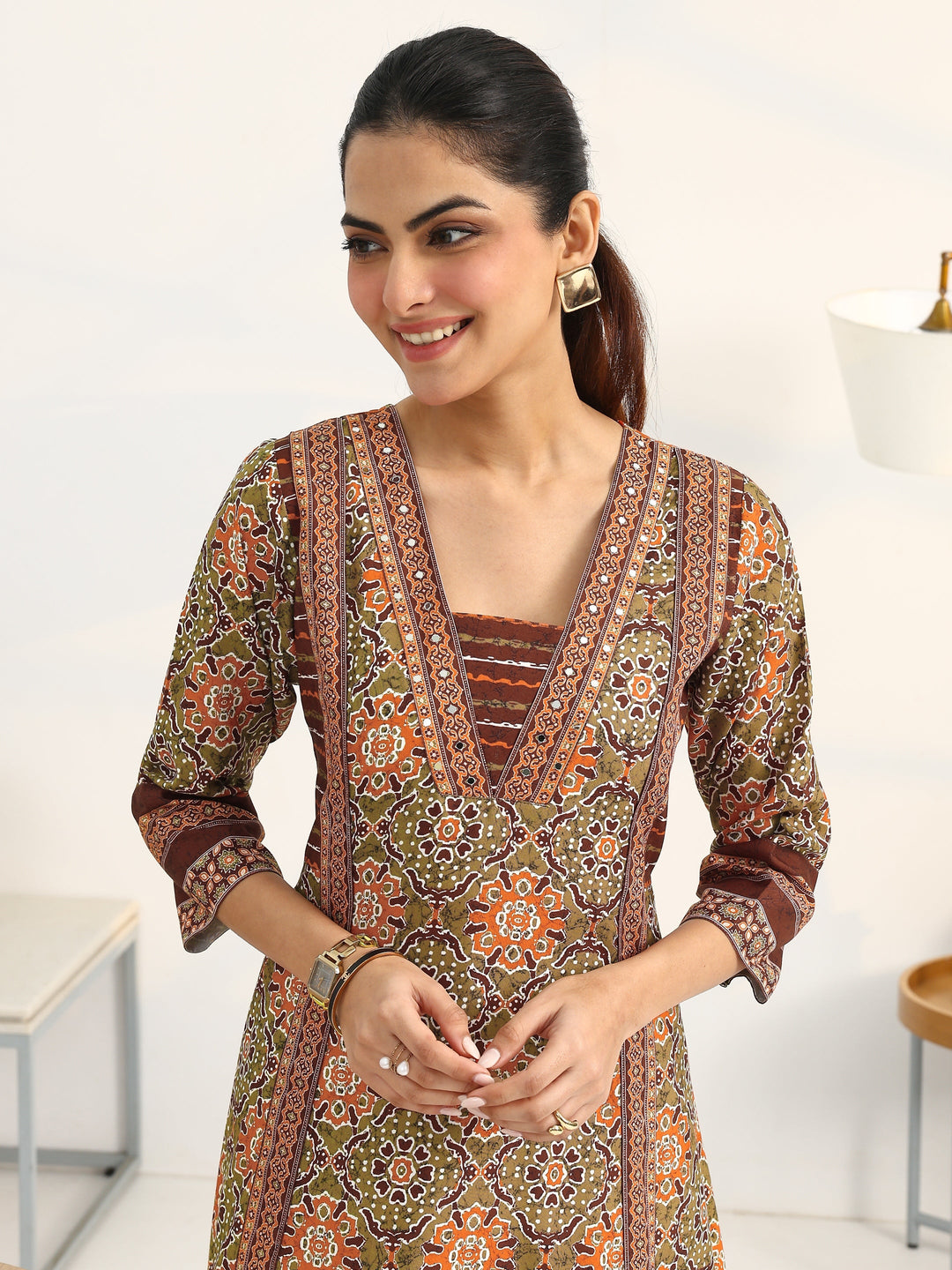 Green Ethnic Motifs Printed Cotton Blend A-Line Suit Set With Dupatta