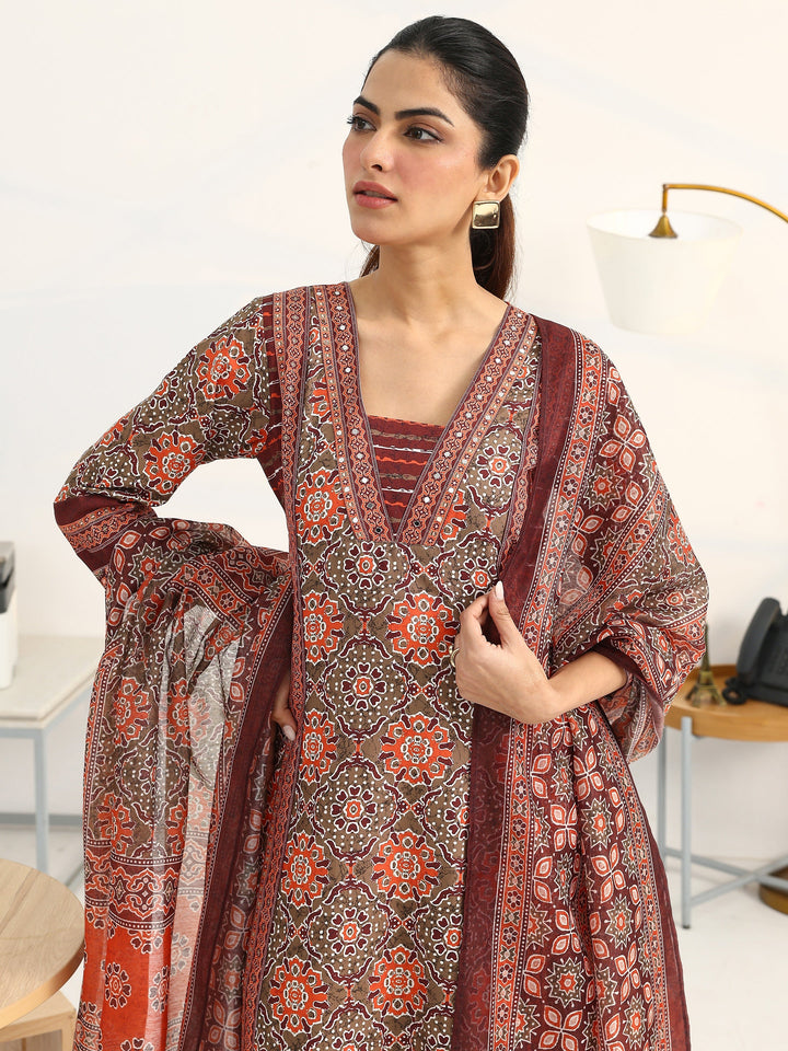 Green Ethnic Motifs Printed Cotton Blend A-Line Suit Set With Dupatta