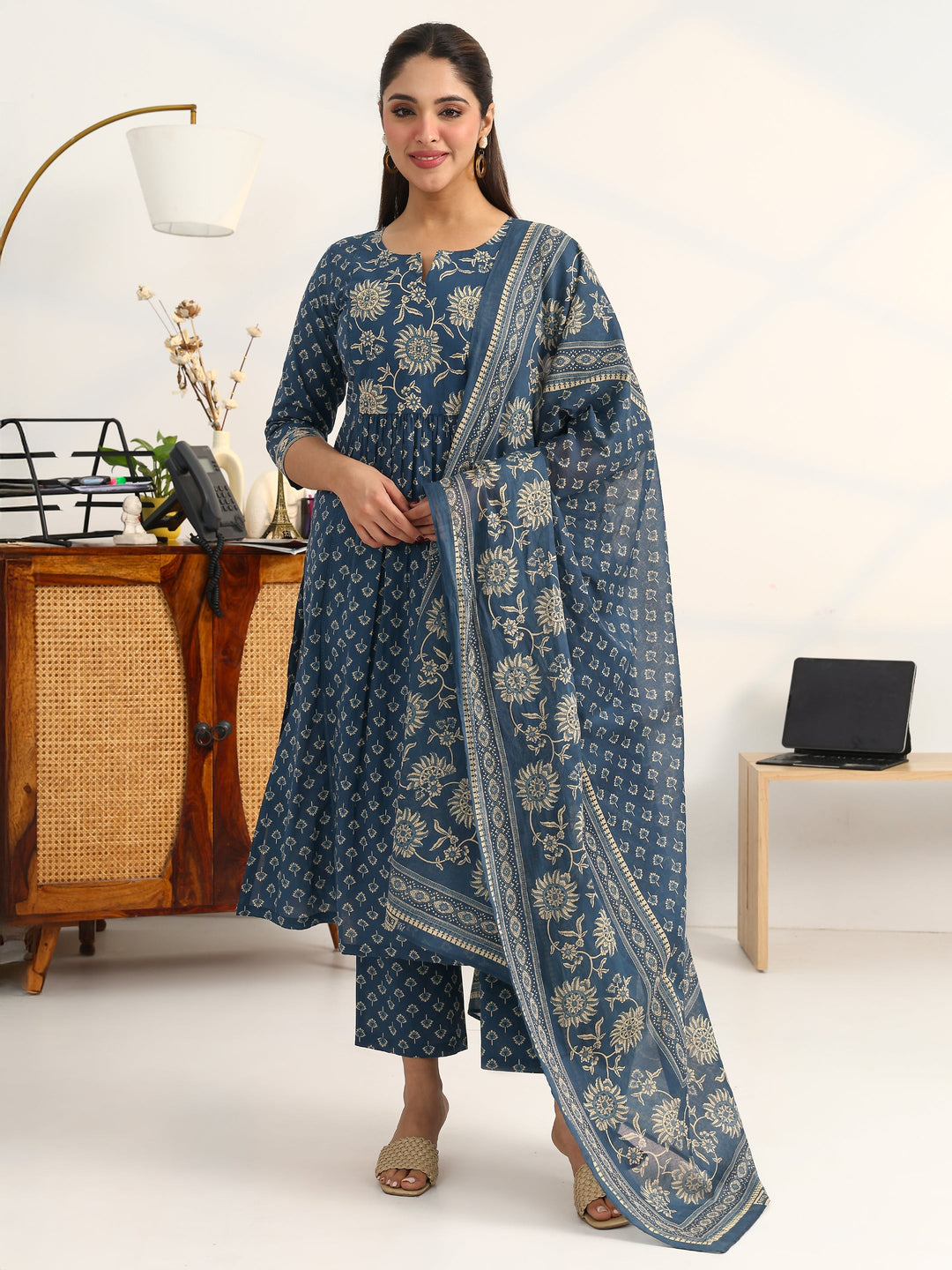 Blue Floral Printed Cotton Blend Straight Suit Set With Dupatta