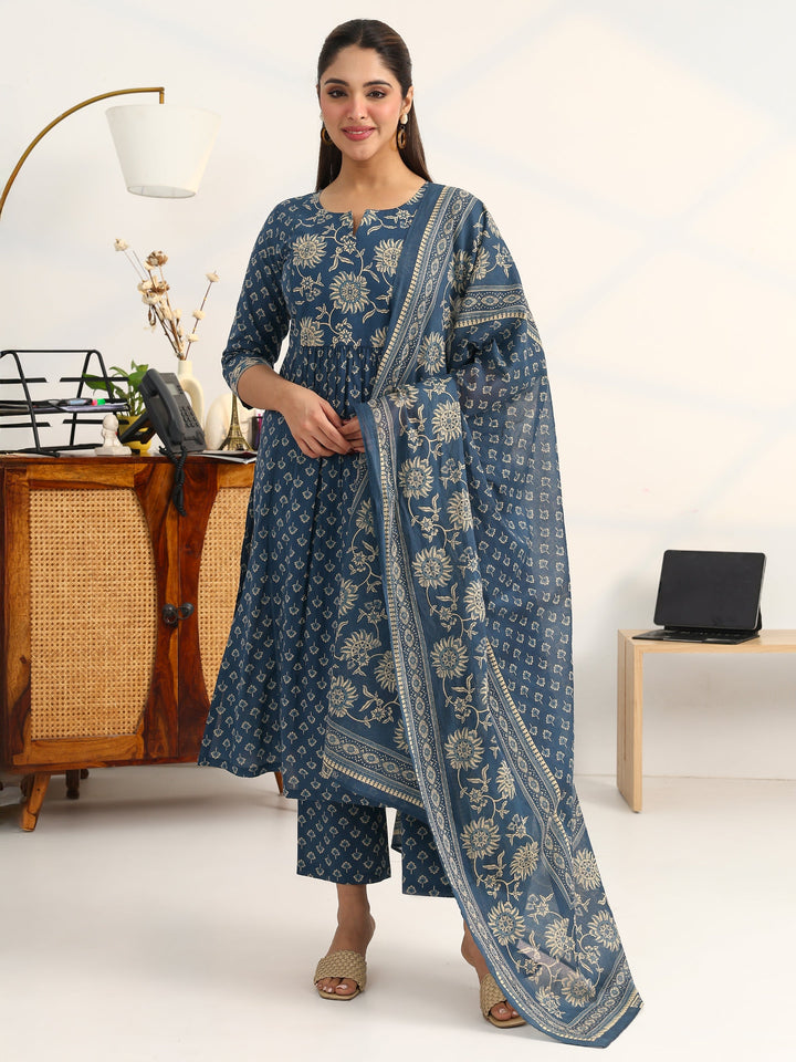 Blue Floral Printed Cotton Blend Straight Suit Set With Dupatta