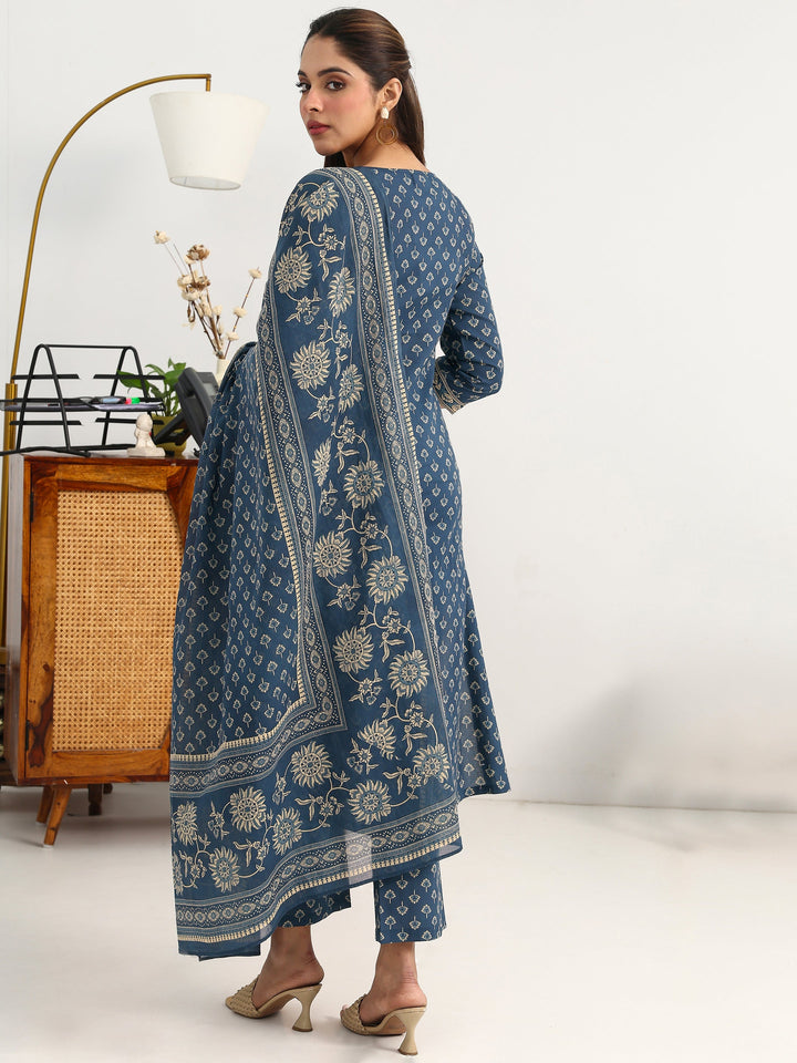 Blue Floral Printed Cotton Blend Straight Suit Set With Dupatta