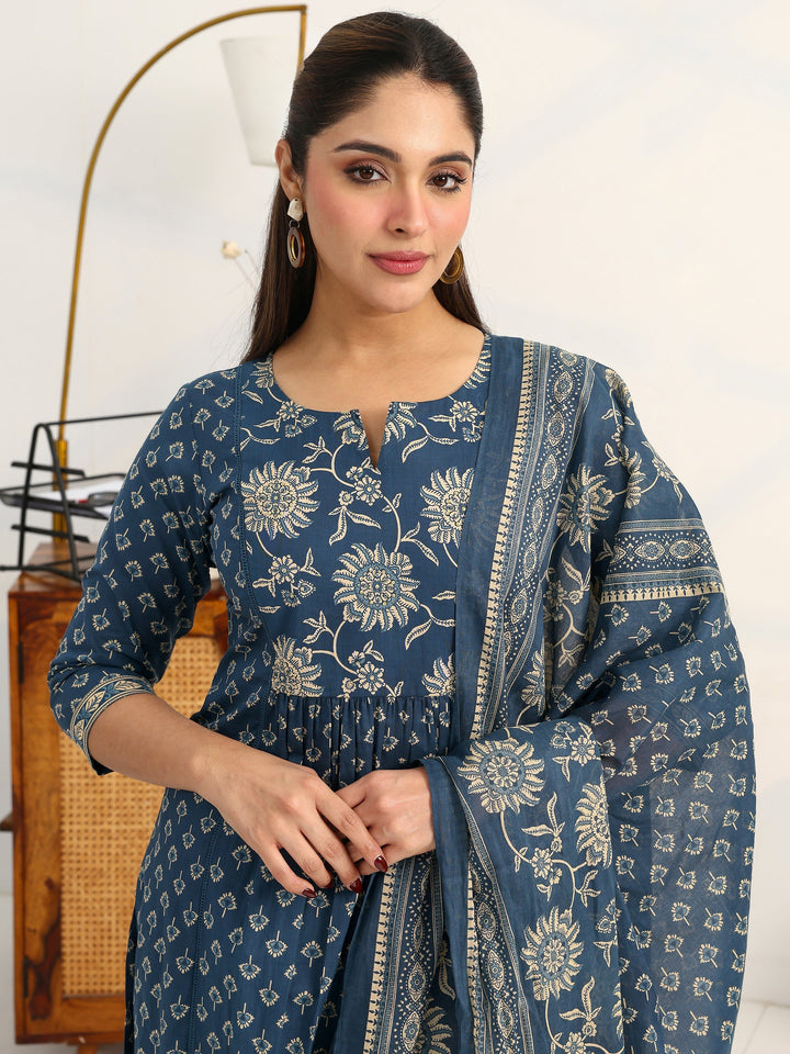 Blue Floral Printed Cotton Blend Straight Suit Set With Dupatta