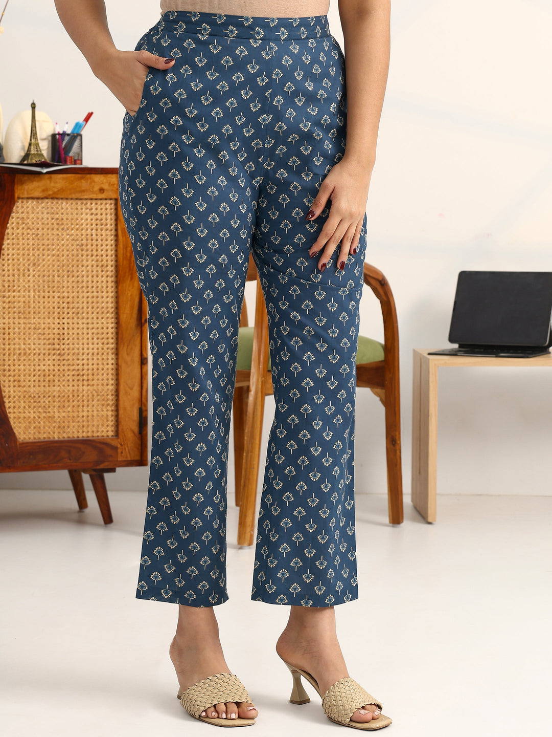 Blue Floral Printed Cotton Blend Straight Suit Set With Dupatta