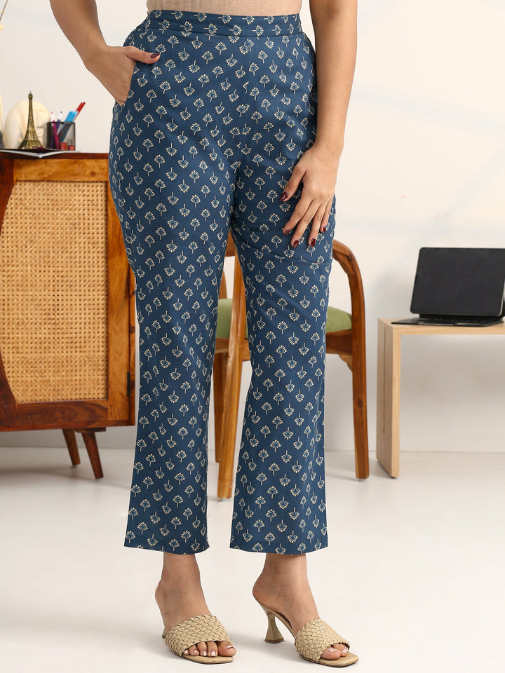 Blue Floral Printed Cotton Blend Straight Suit Set With Dupatta