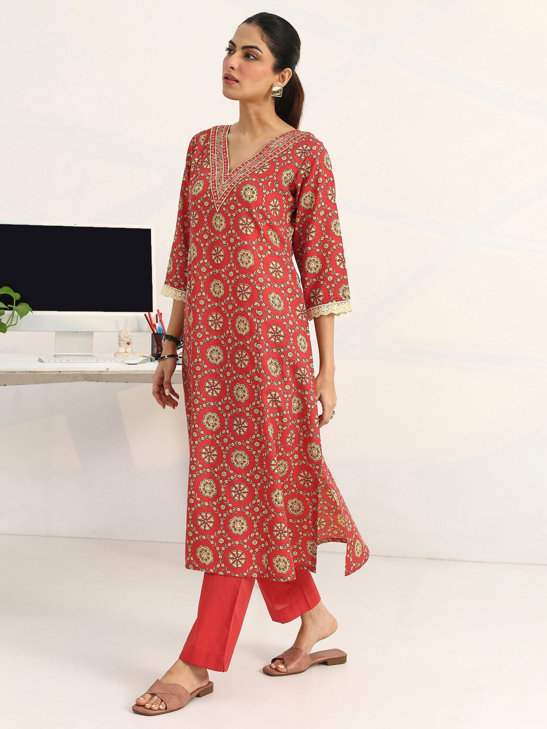 Coral Floral Printed Cotton Blend A-Line Suit Set With Dupatta