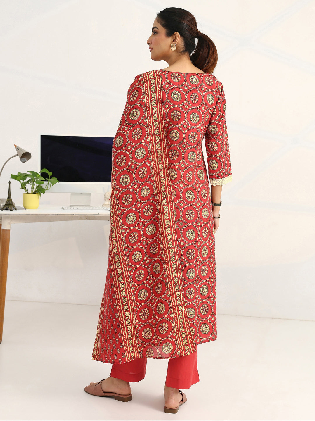 Coral Floral Printed Cotton Blend A-Line Suit Set With Dupatta
